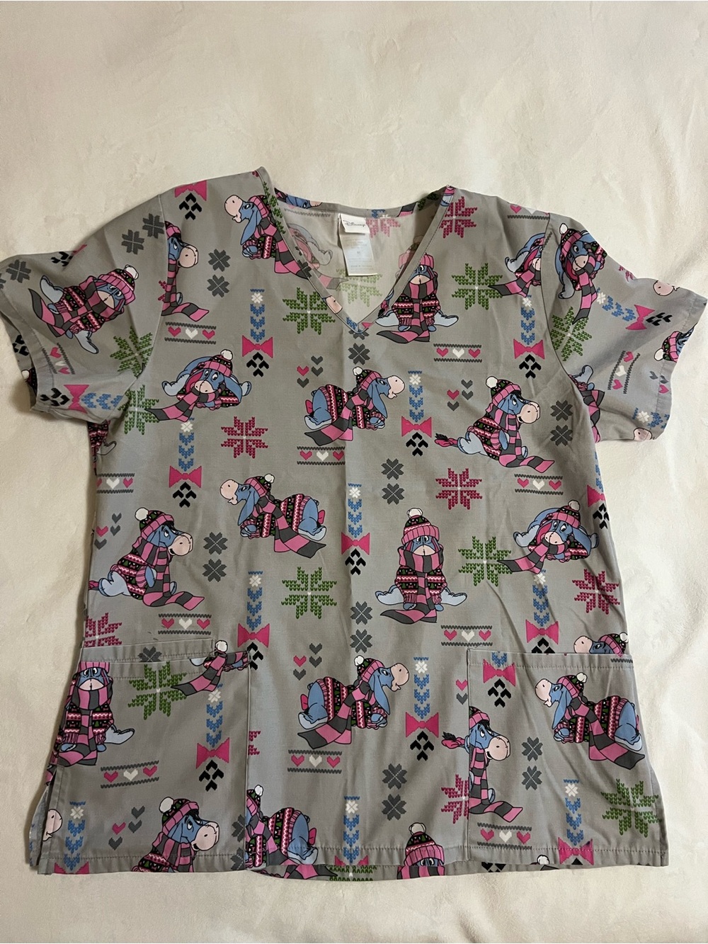 Disney Eeyore Scrub Top Womens size Medium V-Neck Winter Scene Gray